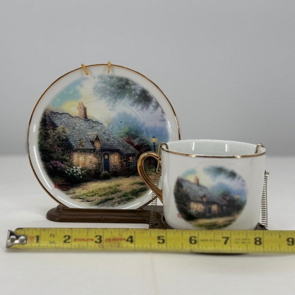 Thomas Kinkade Moonlight Cottage Teleflora Miniature Tea Cup Saucer Set Display - Picture 12 of 13